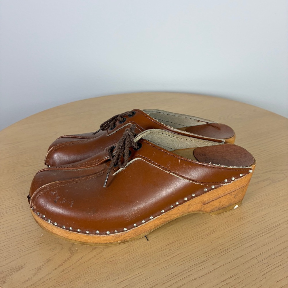 Bastad-Original Brown Leather Wooden Clogs Boho Retro Lace Up Mules Women's 37 - Picture 4 of 8